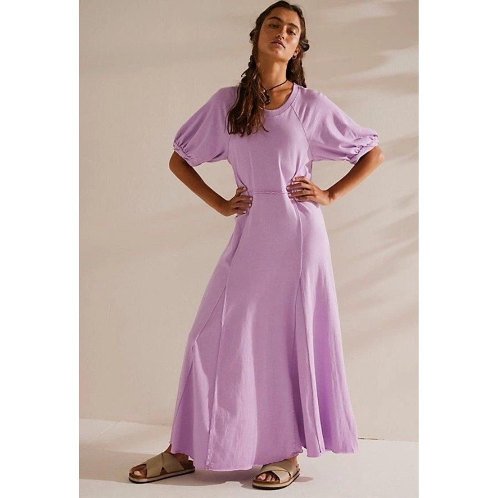 Free People FP Beach Dress Womens Small Purple Puff Sleeve Maxi T Shirt Cotton